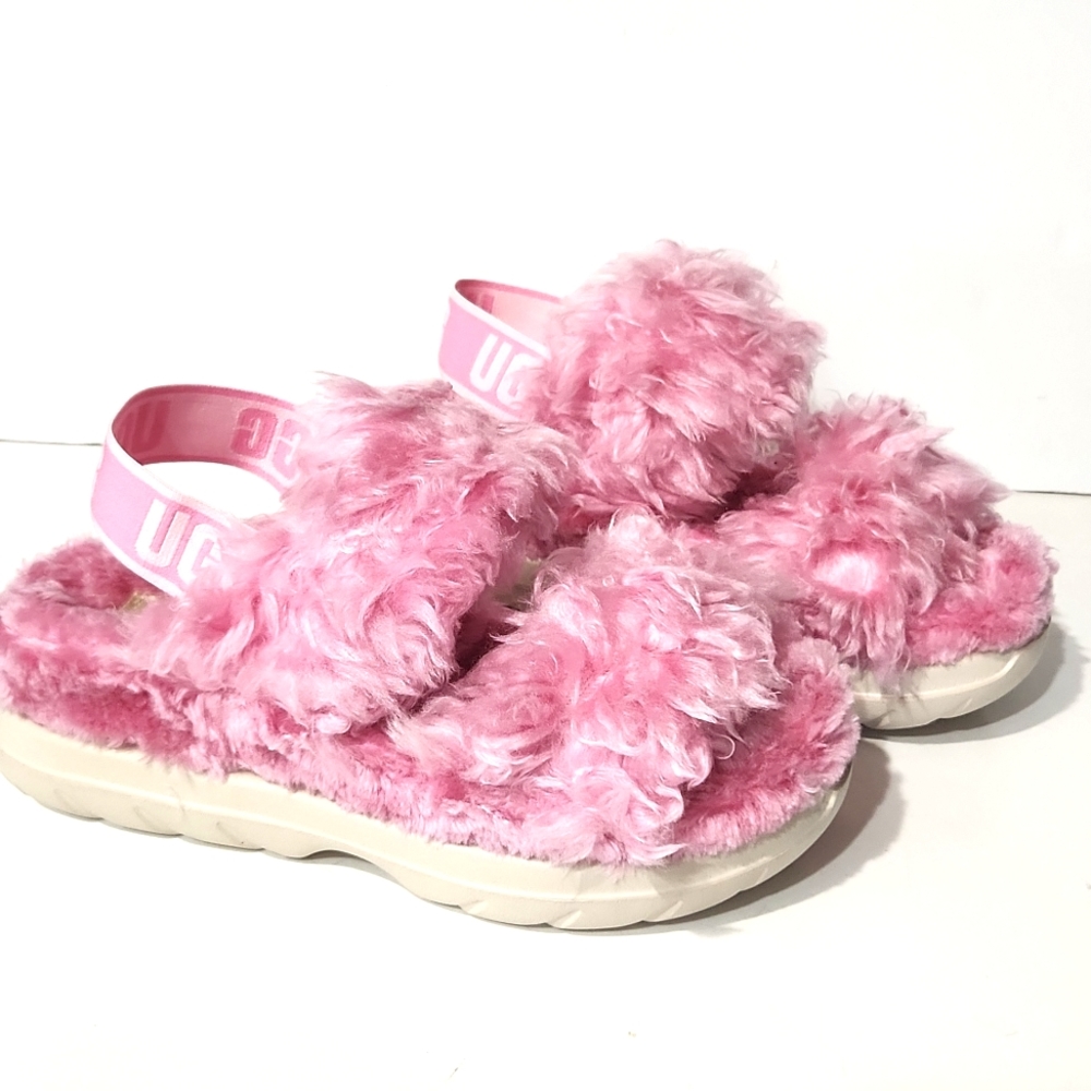 NEW! UGG Fluff Pink Sugar Faux Fur Platform Logo Sandal Slipper Size 7